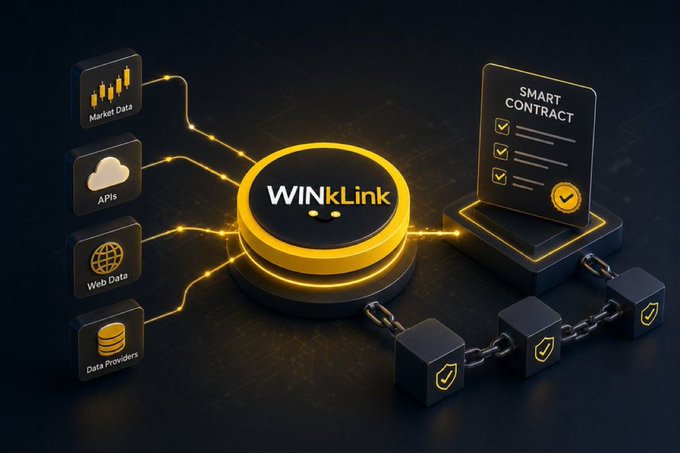 A 3D-style digital rendering of a 'WINkLink' token on a glowing platform, connected on the left to Market Data, APIs, Web Data, and Data Providers icons, and on the right to a 'SMART CONTRACT' document and a chain of shield icons representing secure blocks.