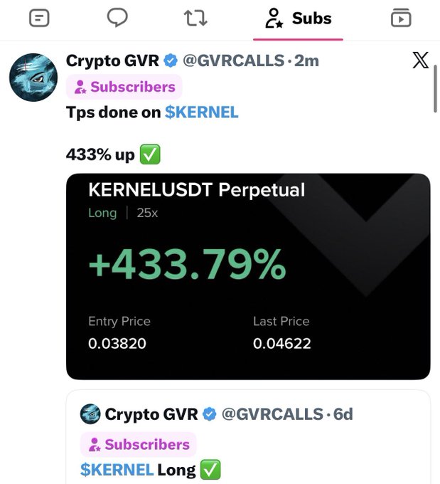 A screenshot of Crypto GVR's (@GVRCALLS) X account showing a Subscribers-only post announcing a +433% gain on a long position for $KERNELUSDT Perpetual with 25x leverage, entry price 0.03820 and last price 0.04622, matching the accompanying caption that highlights Trade #868's 433% win for Twitter subscribers as part of only 3 losing trades in September.