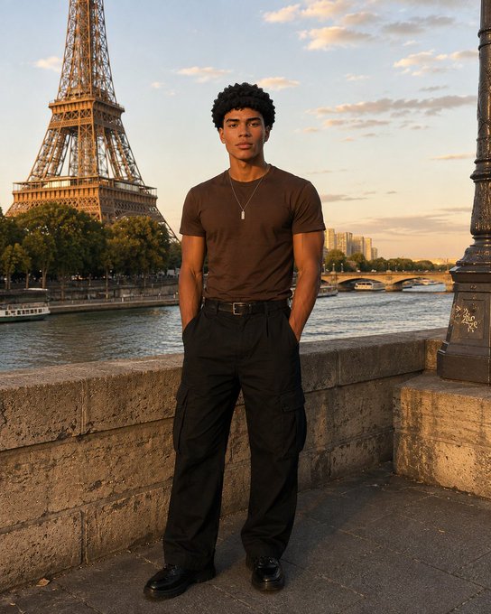 A young man with dark curly hair, wearing a brown t-shirt and black cargo pants, stands on a stone ledge with the Eiffel Tower and the Seine River visible in the background.