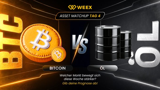 A promotional graphic for Weex's "Asset Matchup Tag 4" featuring a Bitcoin vs. Oil competition, with a gold Bitcoin coin and black oil barrels set against a dramatic dark background. The German text "Welcher Markt bewegt sich diese Woche stärker? Gib deine Prognose ab!" invites users to predict which asset will move more strongly that week.