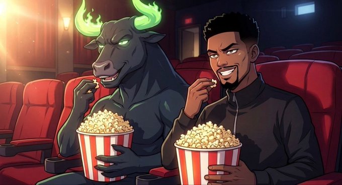 The image depicts an animated scene of a man and a bull-headed figure sitting together in a movie theater, sharing striped popcorn buckets while watching a film. The caption "$ansem $215 million" suggests this whimsical image represents the bullish investor $ansem and his substantial financial success or holdings.