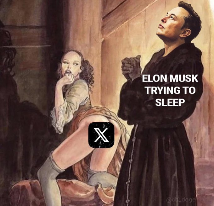 A meme depicts Elon Musk in prayer, with text stating "ELON MUSK TRYING TO SLEEP," alongside an illustration of a provocative woman with a black "X" logo obscuring her private area.