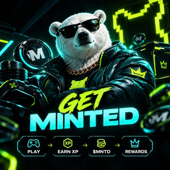 A promotional graphic featuring a polar bear wearing sunglasses and a black jacket with a gold chain, with text 'GET MINTED' and icons for PLAY, EARN XP, $MNTD, and REWARDS.