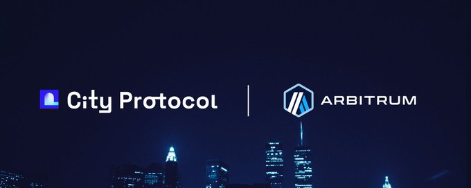 A promotional banner showing 'City Protocol' and 'Arbitrum' logos against a dark blue nighttime cityscape background.