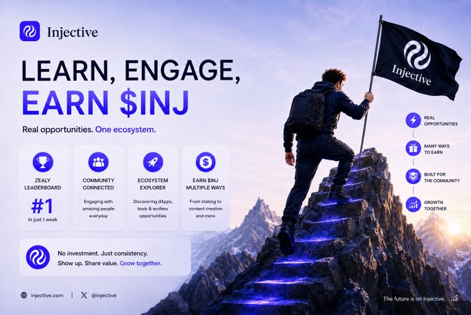 The image features a man standing at the top of a mountain, holding a black flag that has "Injective" written across it. The man appears to be climbing down the side of the mountain while carrying the flag. Below him, there is text in white and blue that reads "Learn, engage, Earn $INJ", which suggests that he is promoting an Injective platform or service related to learning, engagement, and earning money.