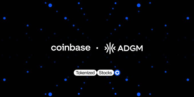 Coinbase and ADGM logos displayed on a dark background with blue dots, alongside a "Tokenized Stocks" button, promoting Coinbase's new Abu Dhabi tokenization license.