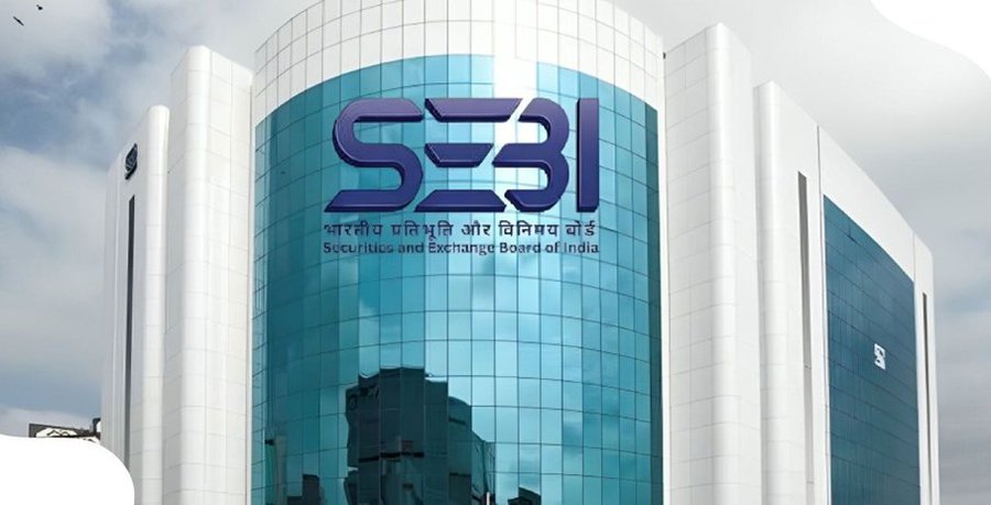 The SEBI (Securities and Exchange Board of India) headquarters building with its logo displayed prominently on the glass facade.