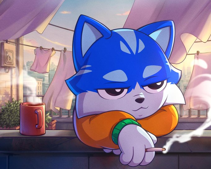 An anime-style illustration of a blue and gray hedgehog character with a bored expression, wearing an orange sweater and smoking a cigarette on a balcony.