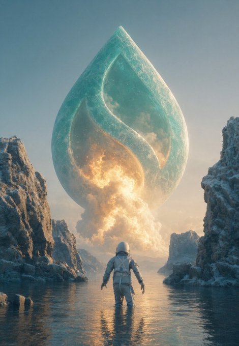 An astronaut in a white suit wades through shallow water toward a massive, translucent teardrop-shaped object glowing with an internal fiery explosion, set between rocky cliffs.