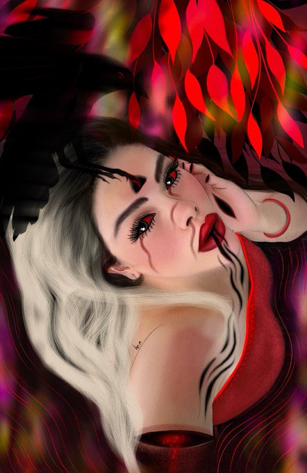 A stylized digital portrait of a pale-skinned woman with blonde hair, red lips, and red eyes, surrounded by dark shadowy claw-like shapes and red feathered wings.