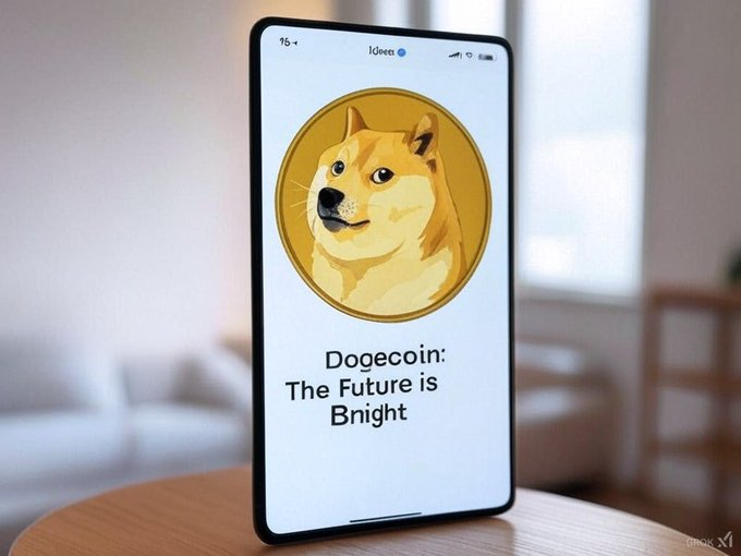 A smartphone displays the Dogecoin logo with the text "Dogecoin: The Future is Bright," visually reinforcing the cryptocurrency's strong social media presence and the 16.8 million interactions highlighted in the accompanying post.