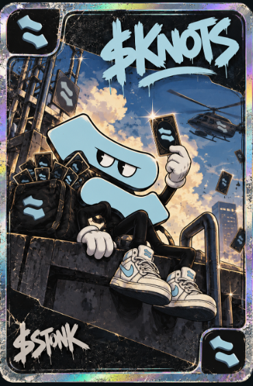 A stylized trading card illustration featuring a cartoon character holding a phone with the Solana logo, wearing white and blue sneakers, with '$KNOTS' and 'BSTONK' graffiti-style text.