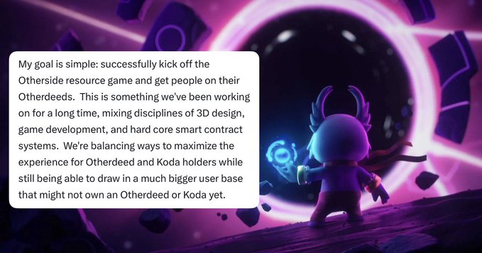 A digital graphic showing a small, stylized character with horns holding a glowing object, standing before a swirling purple portal, overlaid with a text block about the 'Otherside' resource game and 'Otherdeed' NFTs.