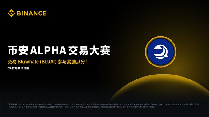 A Binance promotional banner in Chinese announcing the '币安ALPHA交易大赛' (Binance ALPHA Trading Competition), offering rewards for trading Bluwhale (BLUAI) token participation, with a blue dolphin logo on the right side.