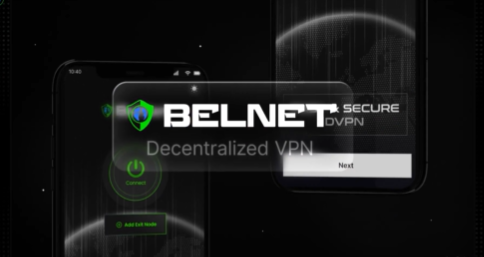 A promotional graphic for 'BELNET' displaying 'SECURE Decentralized VPN' alongside an illustration of a smartphone interface showing an active connection status.
