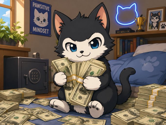 A cartoon illustration of a cute black-and-white kitten holding stacks of cash, surrounded by more money, with a 'PAWSITIVE MINDSET' poster and a neon cat sign in the bedroom.