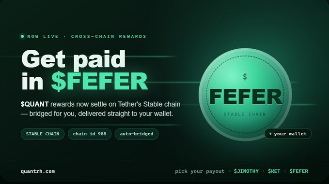 A dark promotional banner advertises 'Get paid in $FEFER' with text noting $QUANT rewards now settle on Tether's Stable chain, bridged and delivered straight to your wallet.
