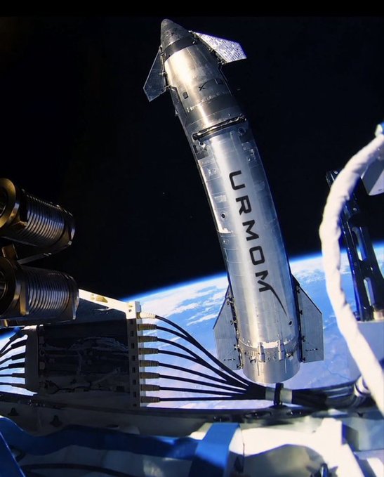 A SpaceX URMOM Starship rocket is shown in space, deployed from a spacecraft with Earth visible in the background.