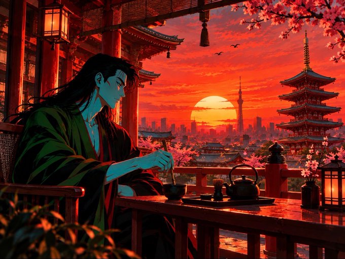 An anime-style illustration shows a long-haired figure in a green robe sitting at a table drinking tea, overlooking a vibrant red sunset, cherry blossoms, a pagoda, and a futuristic city skyline.