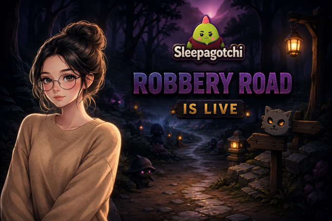 An illustrated game promotional graphic for 'Sleepagotchi: ROBBERY ROAD IS LIVE,' featuring an anime-style girl in a beanie and sweater next to a spooky forest path with a cat on a signpost.