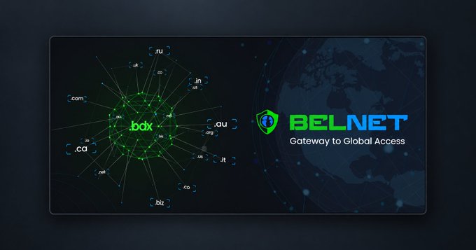 A promotional banner for BELNET with the tagline "Gateway to Global Access," featuring a network diagram showing various top-level domains (.ru, .com, .uk, .au, .it, .ca, etc.) connected to a central .bdx node on a dark blue world map background.