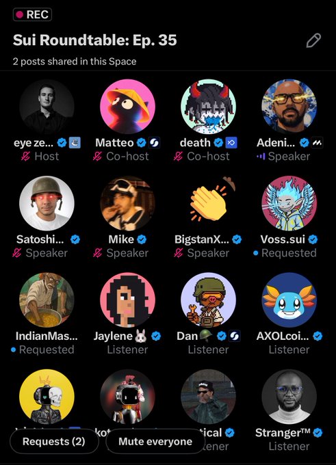 A screenshot of a Twitter Space titled 'Sui Roundtable: Ep. 35' showing a recording in progress with various user avatars and roles like Host, Co-host, Speaker, and Listener.