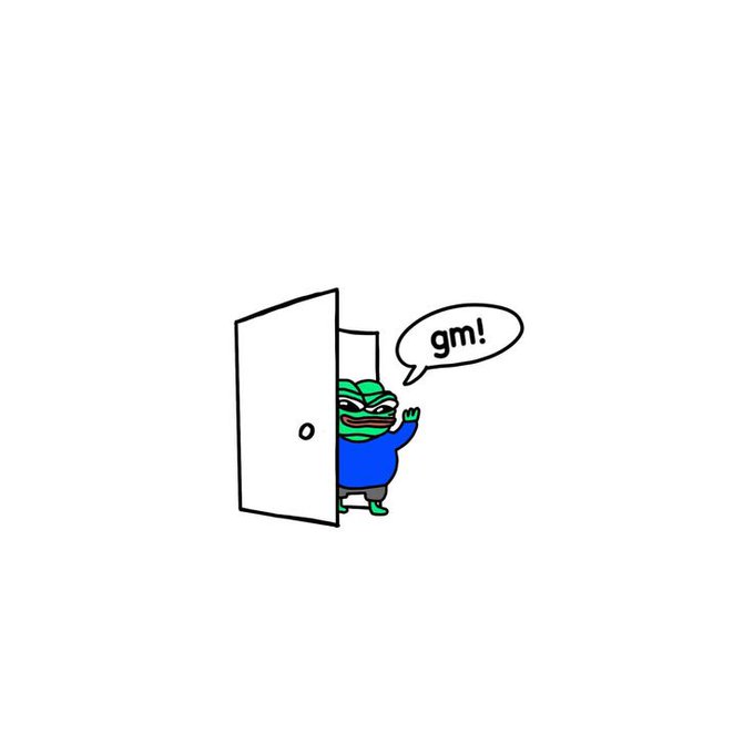 A cartoon illustration of a green Pepe-style character in a blue shirt peeking through a slightly open white door while waving and saying 'gm!' in a speech bubble.