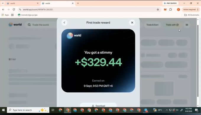 A screenshot of a web browser displaying the 'world' platform with a 'First trade reward' pop-up showing 'You got a stimmy +$329.44' earned on 9 Sep, 9:53 PM GMT+6.