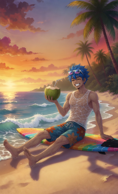 The image features a man sitting on the beach with his legs crossed while holding a coconut drink. The background shows a beautiful sunset over the ocean, creating a serene atmosphere. There are palm trees visible near the water's edge as well. The photo is captioned "Good morning What caught my attention about @quipnetwork is that they not only created a network, but also a way for the community to participate in building it", which highlights the connection between the man enjoying his drink on the beach and the concept of repurposing idle computers and GPUs as resources.