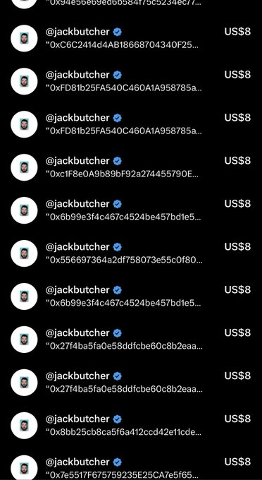A screenshot showing multiple transactions from verified user @jackbutcher with transaction hashes (starting with '0x') and amounts of US$8 each.
