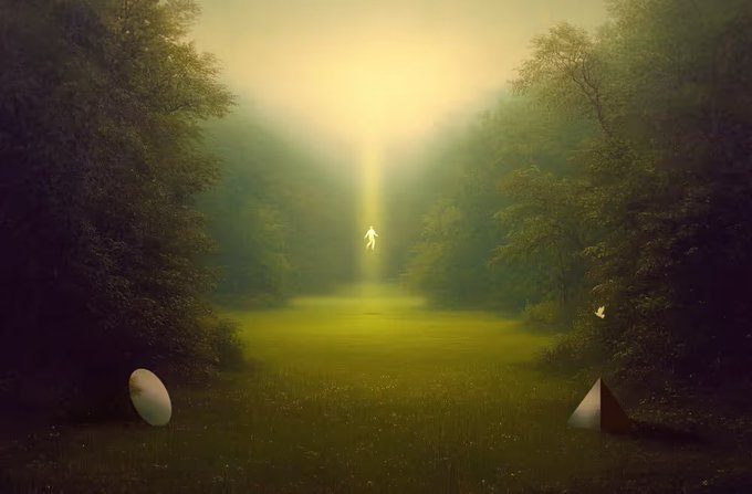 A glowing figure floats in a misty forest clearing illuminated by golden light, accompanied by an egg and a pyramid in the grass with a small bird nearby. The ethereal, dreamlike scene complements the post as an exclusive artwork by @Fran_nubes for @CaveCorp_xyz, suggesting a mystical or otherworldly theme.