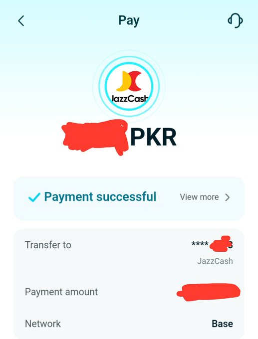 Mobile payment confirmation screen showing a successful payment of PKR via JazzCash on a Base network, with the amount and recipient details redacted.