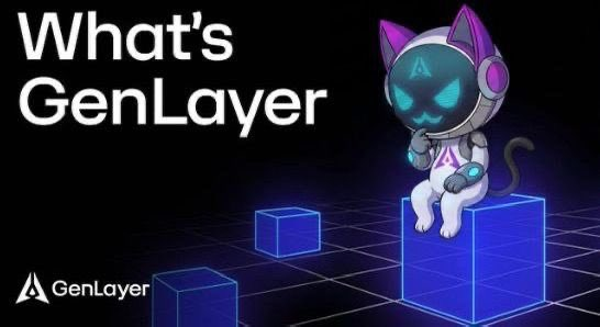 The image features an illustration of a robot cat wearing a headset, sitting atop three blue cubes with numbers on them. The caption below the image reads "What's Genlayer", which suggests that this image might be related to a discussion or tutorial about Genlayer technology.