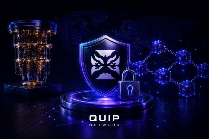 A digital graphic for 'QUIP NETWORK' featuring a glowing blue shield with a bird emblem, a padlock, blockchain cubes, and a cylindrical data device on a dark background.