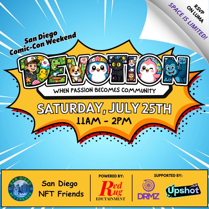 A promotional flyer for "Devotion" — a San Diego Comic-Con Weekend NFT event on Saturday, July 25th from 11AM-2PM, powered by Red Rug Edutainment and supported by DRMZ and Upshot, with cartoon characters from VeeFriends and Pudgy Penguins decorating the title. The image ties into the post's announcement of exclusive Upshot packs at the event and teasing additional Comic-Con surprises.