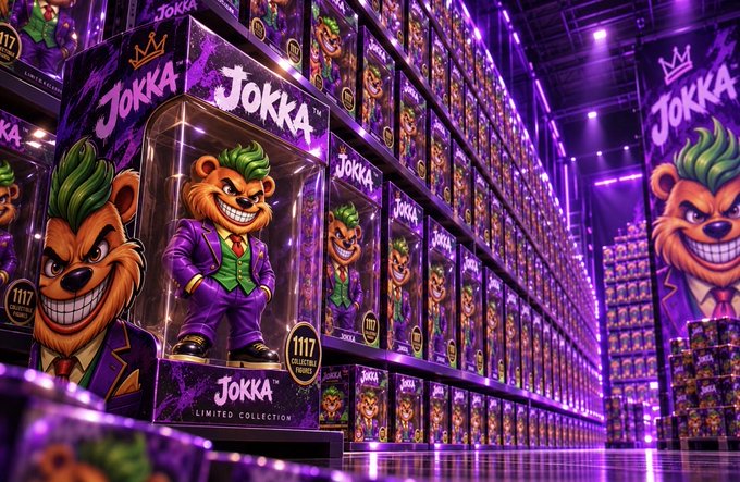 A retail display shelf filled with rows of boxed "JOKKA LIMITED COLLECTION" collectible figures featuring a grinning lion character with green hair wearing a purple suit, all illuminated in dramatic purple lighting.