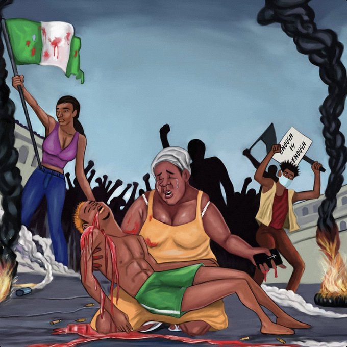 A painting depicting a protest scene with a woman holding a Nigerian flag, a grieving mother, a wounded youth, and another protester holding an 'ENOUGH IS ENOUGH' sign amid smoke and fire.