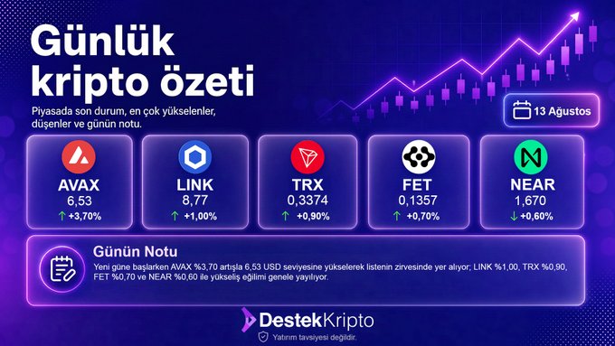 Turkish daily crypto summary from DestekKripto dated August 13, showing top performers: AVAX ($6.53, +3.70%), LINK ($8.77, +1.00%), TRX (0.3374, +0.90%), FET (0.1357, +0.70%), and NEAR (1.670, +0.60%).