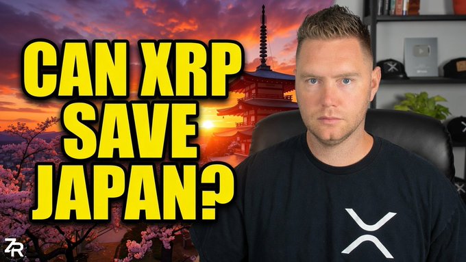 A man wearing an XRP-branded shirt sits in front of a Japanese pagoda at sunset, with bold text reading "CAN XRP SAVE JAPAN?" The image ties into the post's discussion of the Bank of Japan's record currency intervention and potential US Treasury involvement, visually framing XRP as a potential solution amid Japan's economic challenges.