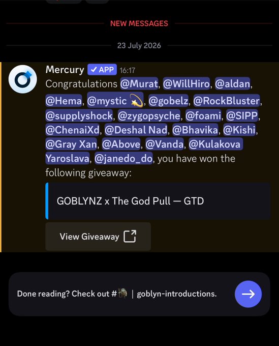 Discord notification from Mercury App congratulating multiple users (@Murat, @WillHiro, @aldan, etc.) for winning the GOBLYNZ x The God Pull — GTD giveaway on 23 July 2026.