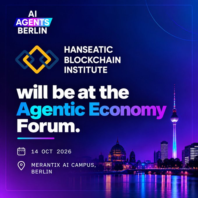 An event graphic for the 'Agentic Economy Forum' on 14 OCT 2026 at Merantix AI Campus in Berlin, featuring a vibrant purple and blue cityscape at night.