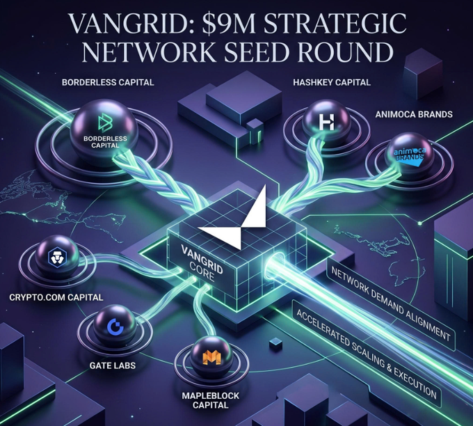 An infographic titled 'VANGRID: $9M STRATEGIC NETWORK SEED ROUND' displays logos of investors including Borderless Capital, HashKey Capital, Animoca Brands, Crypto.com Capital, Gate Labs, and Mapleblock Capital, with text highlighting 'NETWORK DEMAND ALIGNMENT' and 'ACCELERATED SCALING & EXECUTION'.