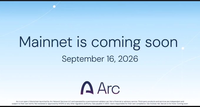 A light blue announcement banner stating 'Mainnet is coming soon' with a launch date of 'September 16, 2026,' featuring the Arc blockchain logo and a disclaimer noting it is an L1 launched by Arc Network Services LLC.