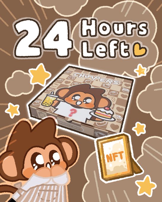 The image features a cartoon monkey sitting next to a box of chocolates, with the text "There are less than 22 hours left before @ChimpersHQ closes their mystery box sale. You don't want to miss a drop like this from a company that continues to build through bull and bear." The monkey is wearing a tie, which adds a touch of humor to the scene. The post seems to be promoting a product or service related to the cartoon character "ChimpersHQ", possibly an online store selling mystery boxes for chocolates.