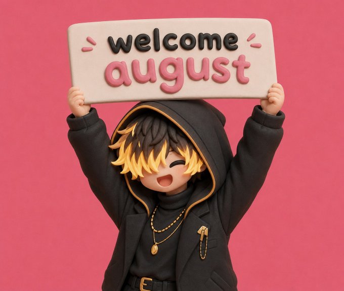 A 3D render of a chibi-style character in a black hoodie holding a sign that reads 'welcome august' against a pink background.