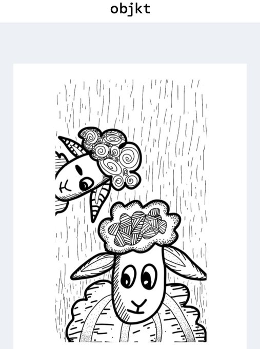 A black and white line drawing illustration labeled 'objkt' at the top features a sheep with a curly wool head looking upward and a goat peeking out from the top left, both set against a background of rain-like vertical lines.