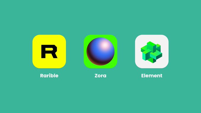 The image displays three app icons for NFT marketplaces—Rarible, Zora, and Element—arranged horizontally on a teal background, visually corresponding to the post listing these platforms as potential candidates to follow Blur's decline.