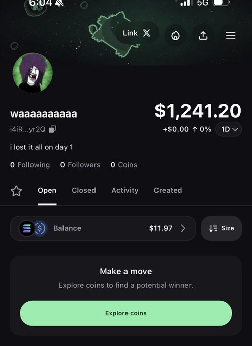 The image shows a trading portfolio screen on what appears to be a crypto app, displaying a username "waaaaaaaa," a value of $1,241.20, and a balance of $11.97 with a prompt to "Explore coins." The post expresses frustration about being unable to view a position in the "$emo" coin on the Pumpfun mobile app, suggesting the screenshot highlights an app issue where the user lost visibility of their holdings.