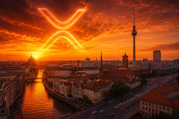The image features a city skyline at sunset with a large X symbol above the buildings. The sky has an orange hue, creating a warm and vibrant atmosphere. In the foreground of the photo, there are several cars parked along the street, adding to the urban setting. The caption "Good Morning, XRP family" is written in white text on the image, which may be related to Bitcoin or another cryptocurrency.