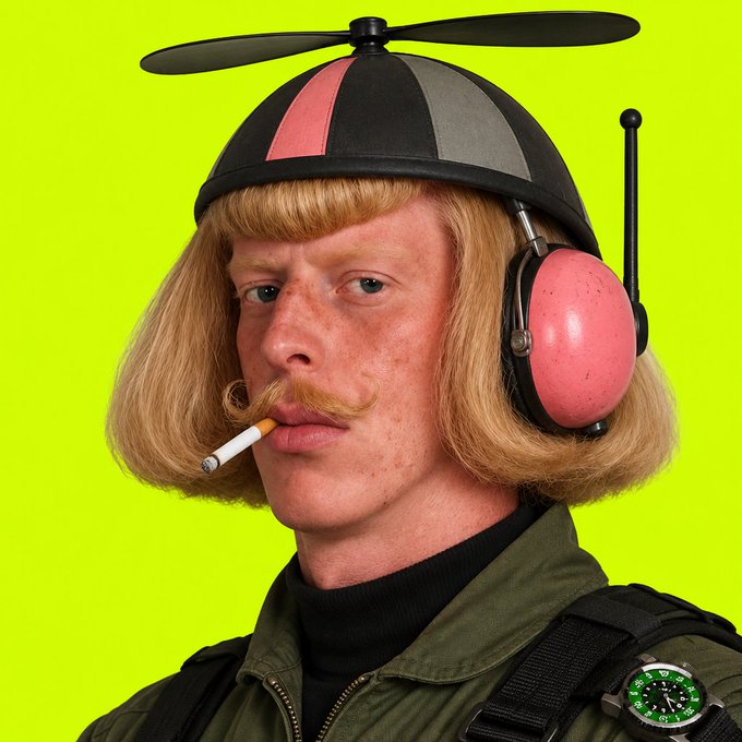 A stylized portrait of a person wearing a propeller beanie, red earcup aviation headset with antenna, a blonde bob wig and mustache, holding a cigarette, with a tactical watch and military-style jacket, set against a bright green background.